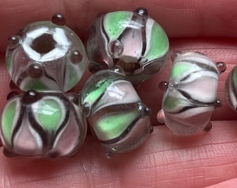 Purple + Green Harlequin Lampwork Beads- 12x8mm peridot amethyst flattened round lampwork glass beads with raised dots- jewelry  supplies