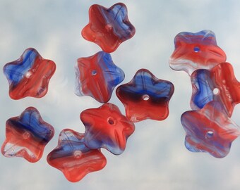 25 Small Red White and Blue Czech Glass Flower Beads -   4x10mm - DIY Jewelry Making and Craft Supply
