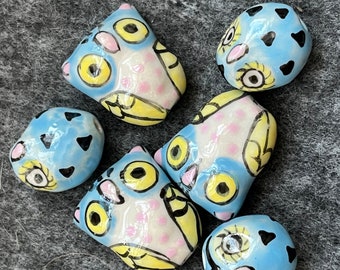 6, 10, or 20 Sky Blue, Yellow and Pink Ceramic Mama and Baby Owl Beads - Silly Plump Birds- Hand Painted- DIY Jewelry Making Craft Supply