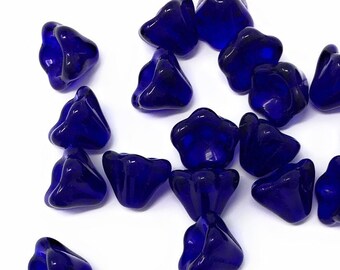 20 Translucent Dark Cobalt Blue Czech Glass Bell Flower Beads- 6x9mm - DIY Jewelry Making and Crafts