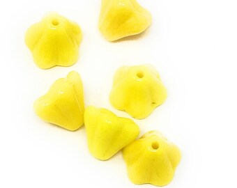 20 Opaque Bright Sunny Yellow Czech Glass Bell Flower Beads- 6x9mm - DIY Jewelry Making and Crafts