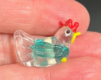 5, 10, or 20 small clear and aqua blue chicken lampwork glass beads  - jewelry and craft supplies - rooster - DIY craft and jewelry supply