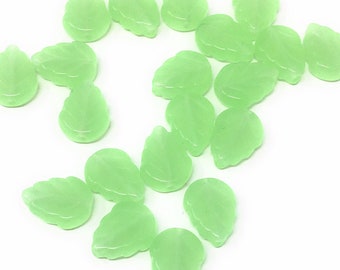 20 Peridot Light Green Opal Leaf Beads -Chrysoprase Green- Semi-Translucent Czech Glass Leaves- 10x8mm - DIY Jewelry Making and Craft Supply