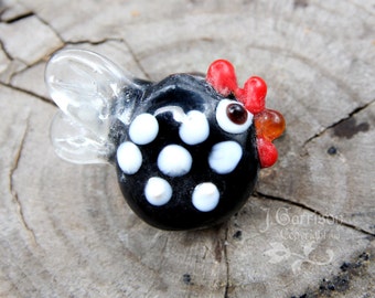 5, 10 or 20 small black and white polka dot chicken beads - lampwork glass - jewelry and craft supplies - rooster - DIY