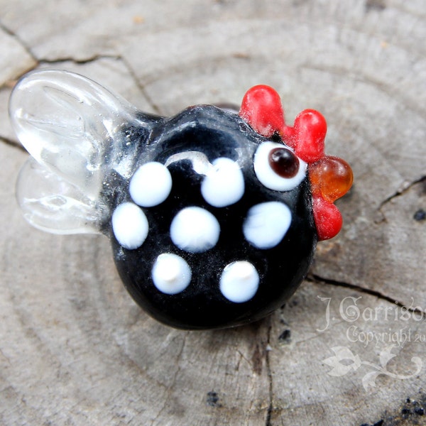 5, 10 or 20 small black and white polka dot chicken beads - lampwork glass - jewelry and craft supplies - rooster - DIY