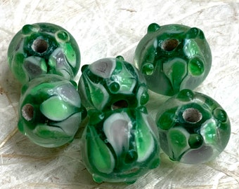 Spring Green + Light Purple Harlequin Lampwork Beads- 12x8mm peridot emerald lavender flattened round lampwork glass beads with raised dots