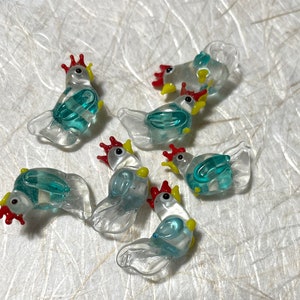 5, 10, or 20 small clear and aqua blue chicken lampwork glass beads jewelry and craft supplies rooster DIY craft and jewelry supply image 6