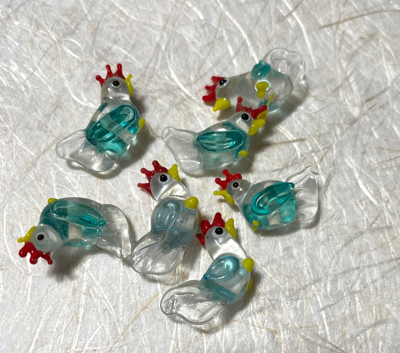 5, 10, or 20 small clear and aqua blue chicken lampwork glass beads jewelry and craft supplies rooster DIY craft and jewelry supply image 6