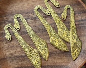 Arabian Nights Bookmarks - 5 Antiqued Golden Brass Floral Scimitar Shaped Flat Bookmarks- 4.5" long - loop to add dangles -DIY Craft Supply