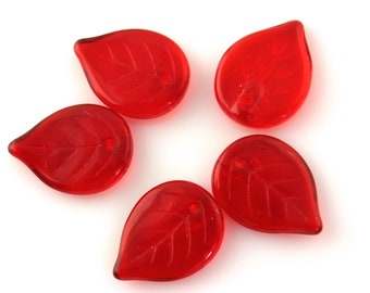 20 Bright Red Large Leaf  Beads - Translucent Czech Glass Leaves- 18x13mm - DIY Jewelry Making and Craft Supply