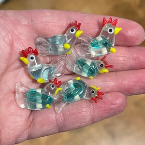 5, 10, or 20 small clear and aqua blue chicken lampwork glass beads jewelry and craft supplies rooster DIY craft and jewelry supply image 2