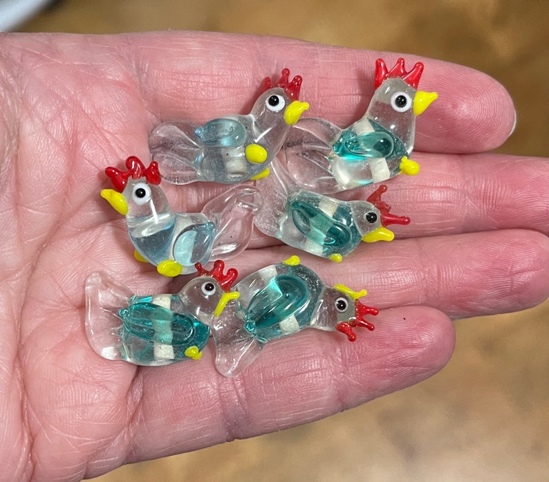 5, 10, or 20 small clear and aqua blue chicken lampwork glass beads jewelry and craft supplies rooster DIY craft and jewelry supply image 2