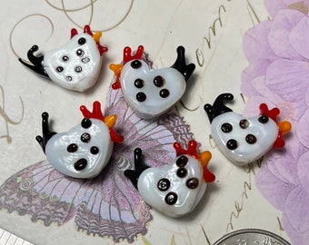 5, 10 or 20 Funky Chicken Beads- white and black polka dot rooster beads - lampwork glass - jewelry and craft supplies - cute