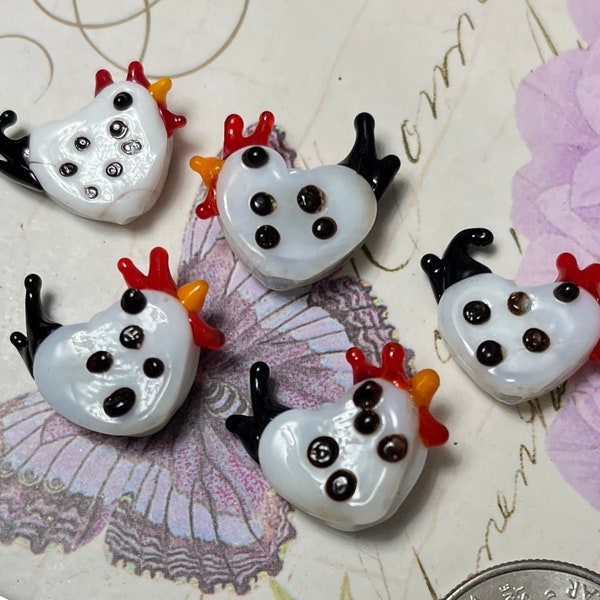 5, 10 or 20 Funky Chicken Beads- white and black polka dot rooster beads - lampwork glass - jewelry and craft supplies - cute