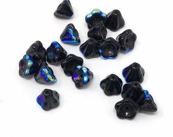20 Opaque Jet Black AB Czech Glass Bell Flower Beads- 6x9mm - DIY Jewelry Making and Crafts