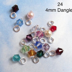 24 (Twenty four) 4mm Swarovski crystal bicone or round pearl dangles- simple loop- silver, gold, gunmetal, antique brass or copper plated