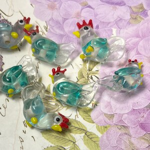 5, 10, or 20 small clear and aqua blue chicken lampwork glass beads jewelry and craft supplies rooster DIY craft and jewelry supply image 4