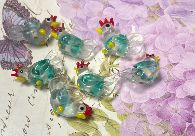 5, 10, or 20 small clear and aqua blue chicken lampwork glass beads jewelry and craft supplies rooster DIY craft and jewelry supply image 4