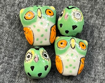 6, 10, 20 or 40 Medium Green Ceramic Mama and Baby Owl Beads - Silly Plump Birds - Hand Painted - DIY Jewelry Making and Craft Supply