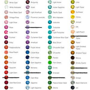May include: A chart of 100 different gemstone colors, with the name of each gemstone listed below its corresponding color. The gemstones are arranged in columns by color, with the first column being white, the second column being red, the third column being blue, the fourth column being green, and the fifth column being brown.