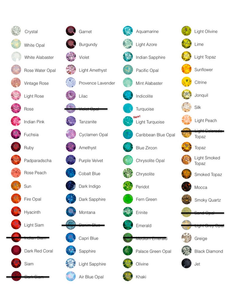 May include: A chart of 100 different gemstone colors, with the name of each gemstone listed below its corresponding color. The gemstones are arranged in columns by color, with the first column being white, the second column being red, the third column being blue, the fourth column being green, and the fifth column being brown.