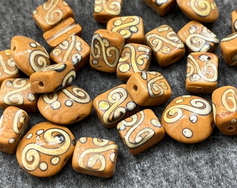Toffee Swirls Lampwork Glass Beads-  20 brick shape beads and 5 large lentil beads - Toffee Brown and Cream - jewelry and craft supplies