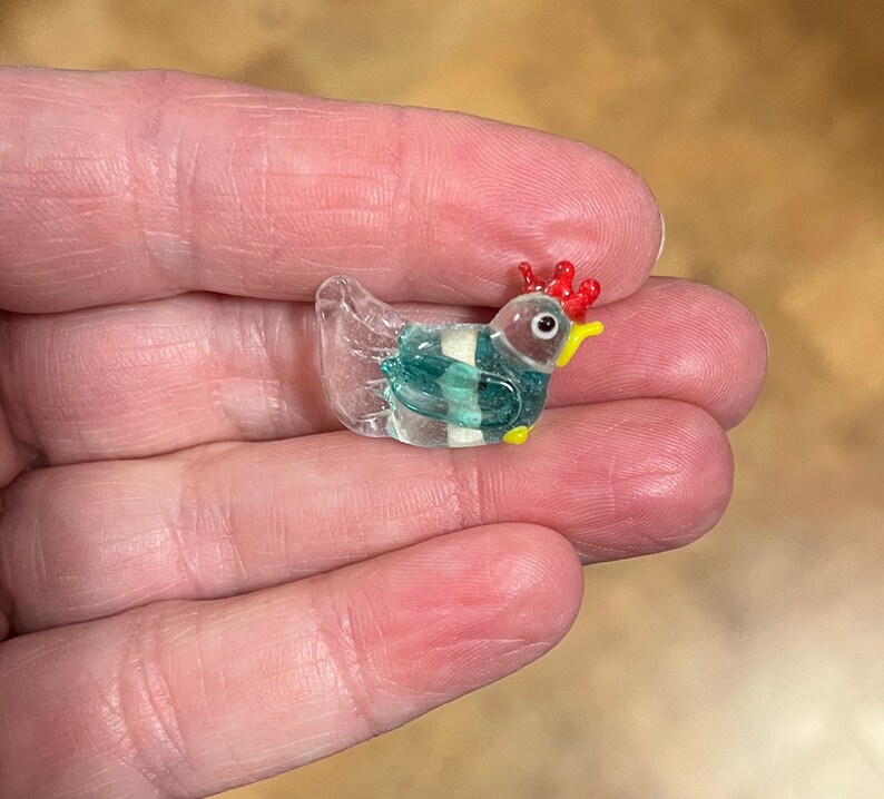 5, 10, or 20 small clear and aqua blue chicken lampwork glass beads jewelry and craft supplies rooster DIY craft and jewelry supply image 3