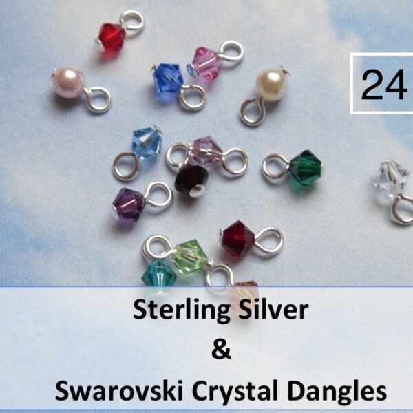 24 Swarovski 4mm crystal bicone & round pearl birthstone dangles- sterling silver head pins - simple loop for necklaces, earrings, bracelets