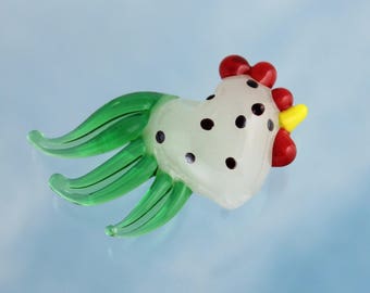 2, 4 or 10 large milky white lampwork glass rooster beads- semi translucent white w/ black spots, green tail- chicken- DIY jewelry, crafts