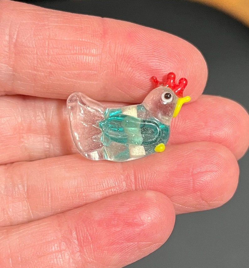 5, 10, or 20 small clear and aqua blue chicken lampwork glass beads jewelry and craft supplies rooster DIY craft and jewelry supply image 1