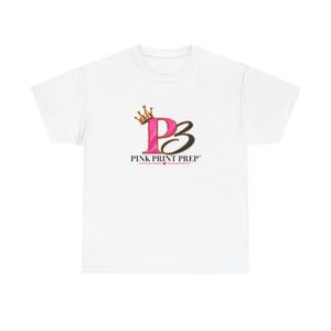 May include: A white short-sleeve t-shirt featuring a graphic on the chest. The graphic displays a large pink letter P with a gold crown on top, followed by a black number 3. Below this, the text reads PINK PRINT PREP with a small pink heart.