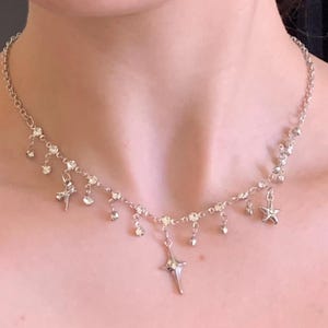 Necklace Silver Diamond Pendant, Star Charm Y2K Punk Statement Jewelry for Women, Emo Pendant, Celestial Jewelry Tassel Choker