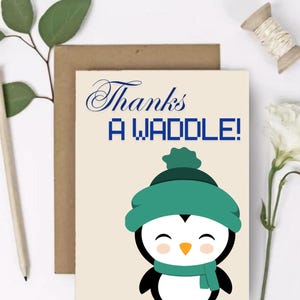 Carte de remerciement imprimable, merci de vous dandiner ! Pingouin mignon avec écharpe verte, carte de gratitude kawaii à téléchargement immédiat pour tous les âges et toutes les occasions.