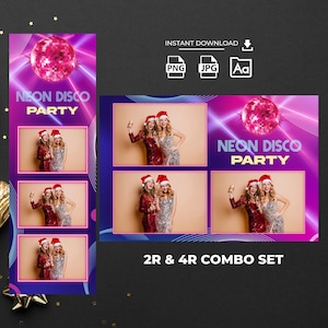 Neon Photo booth Template Birthday Disco Ball Party Lighting Photobooth Overlay 4x6 4R, 2R Strip Neon Light the Night Prom Laser Purple blue