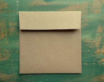 25 Square Envelopes, 5", 5.25", or 5.75" (127, 133, or 146mm) kraft brown, recycled envelopes, sticker flap adhesive, eco friendly