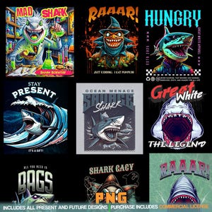 High-Quality Shark T-Shirt Design Bundle, T-Shirt Graphics PNG, Perfect for Beach