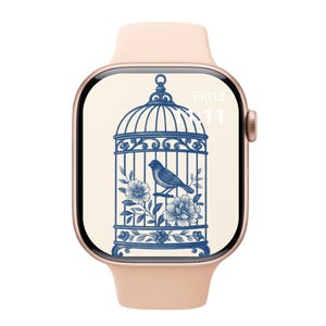 Set di carta da parati Chinoiserie Blue per Apple Watch: elegante collezione di quadranti in stile floreale vintage, gabbia per uccelli antica, fiocco, vaso e porcellana