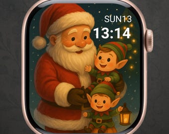 Christmas Cute Baby Elves With Santa– Cute Christmas Digital Art – Cozy Pastel Magic Apple Watch Face Download