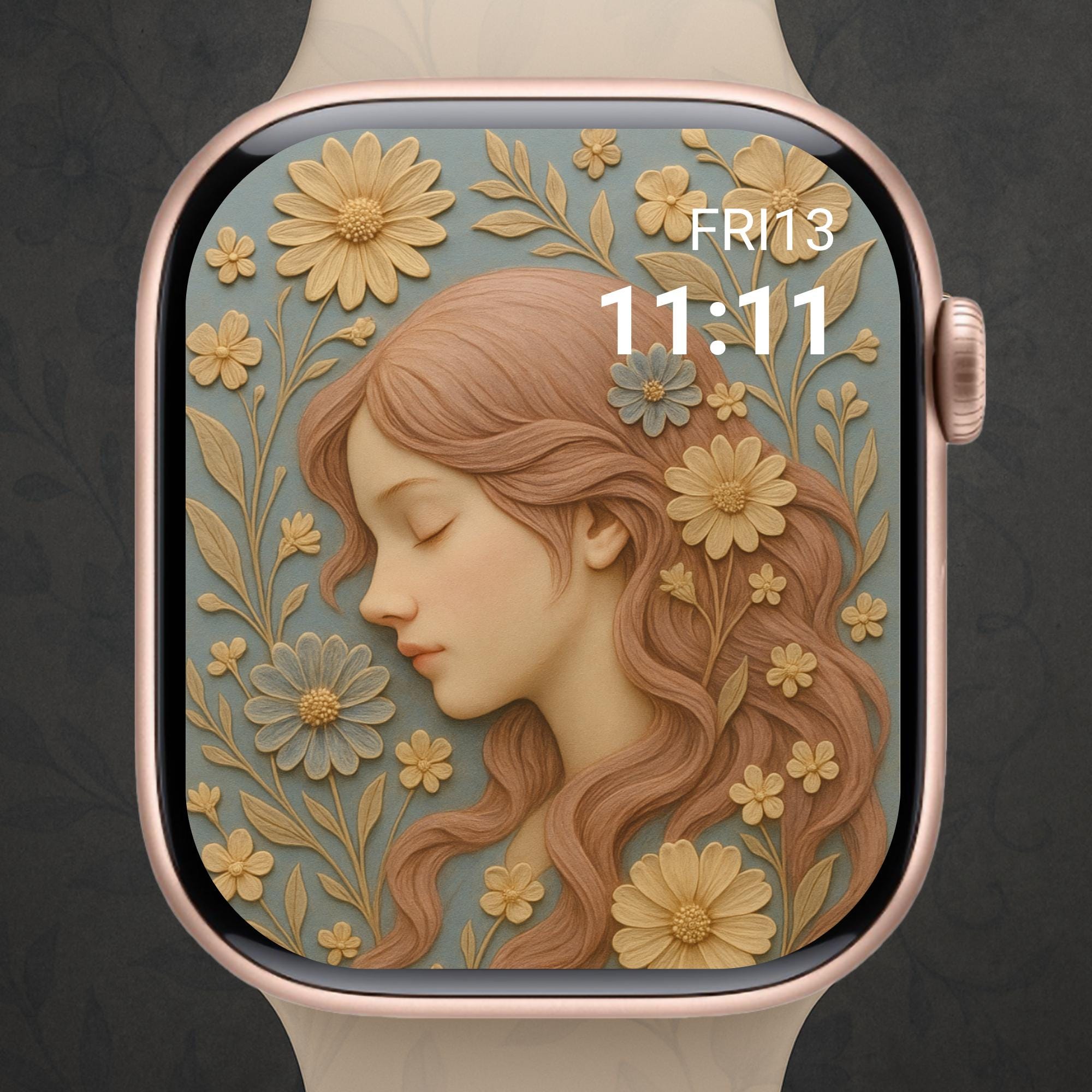 Floral lady Apple Watch Wallpaper – Soft Beige Floral Watch Face for iOS | Digital Download