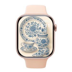 Set di carta da parati Chinoiserie Blue per Apple Watch – Elegante collezione di tazze da tè vintage Bluel con motivi floreali, rondini, fiocchi, vasi e quadranti in porcellana.