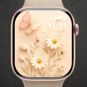 Sfondo floreale per Apple Watch, Magia dei fiori selvatici - 3D neutro, Quadrante beige con margherite, Estetica botanica minimale, Smartwatch delicato e femminile