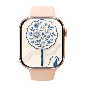 Set di carta da parati Chinoiserie Blue per Apple Watch – Elegante collezione di ventagli vintage in seta blu con motivi floreali, rondini, fiocchi, vasi e quadranti in porcellana