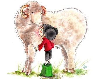 Little child kissing a big sheep - small print