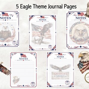 Op de afbeelding: Vijf printbare dagboekpagina's met een adelaarthema, voorzien van de tekst 5 Eagle Theme Journal Pages en NOTES. Elke pagina bevat Amerikaanse vlagmotieven, illustraties van Amerikaanse zeearenden en gelinieerde schrijfgebieden in rood, wit en blauw.