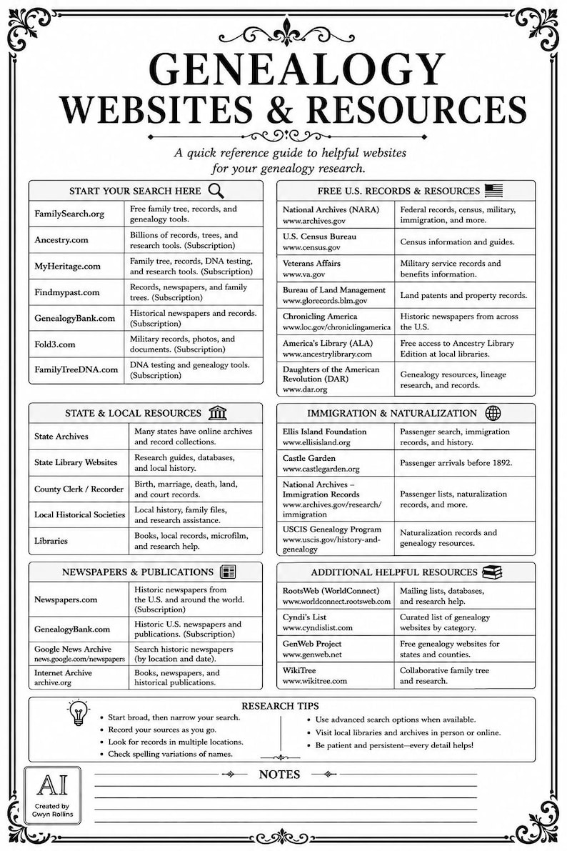 Może przedstawiać: Czarno-biała tabela informacyjna zatytułowana GENEALOGY WEBSITES & RESOURCES. Zawiera skategoryzowane zestawienia stron internetowych do badań genealogicznych, w tym sekcje dotyczące amerykańskich archiw&oacute;w, imigracji oraz gazet, z miejscem na notatki.