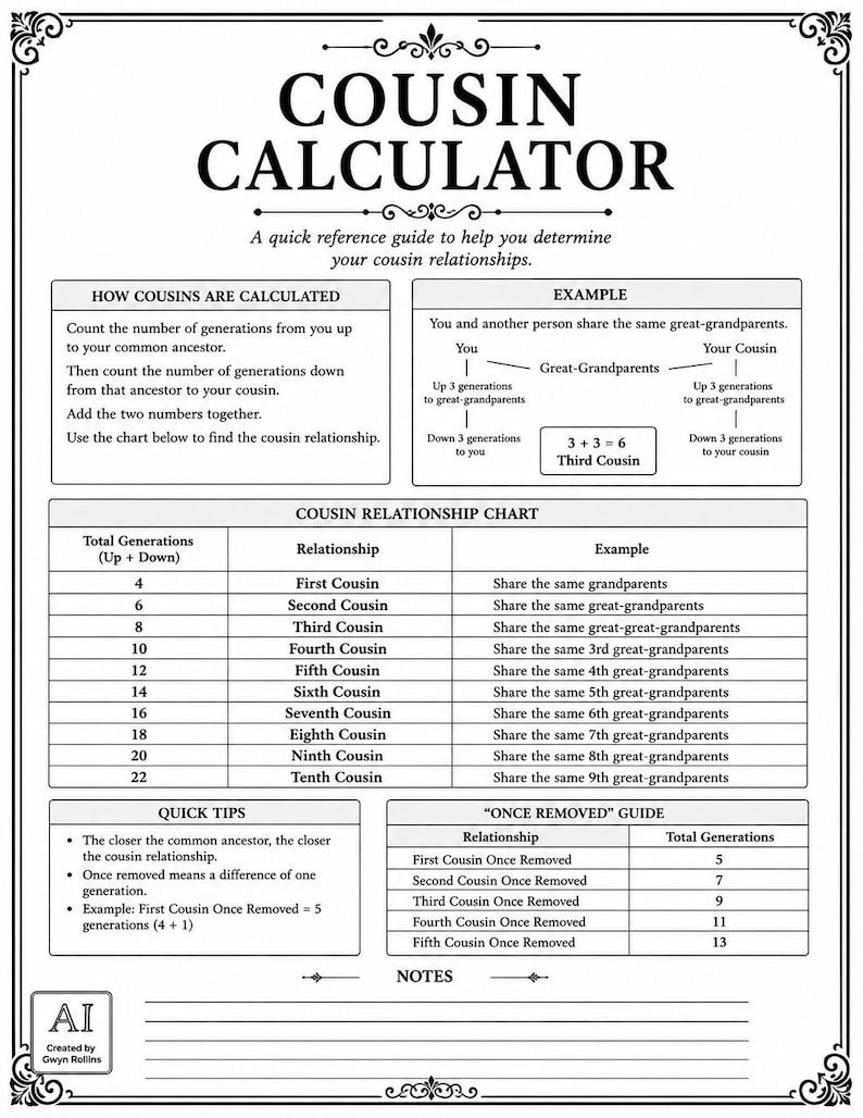 Może przedstawiać: Czarno-biały przewodnik Cousin Calculator zawierający instrukcje, tabelę relacji, przewodnik po stopniach pokrewieństwa oraz sekcję na notatki. Dokument wyjaśnia, jak obliczać relacje między kuzynami na podstawie pokoleń od wsp&oacute;lnego przodka.