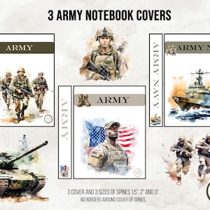 Può includere: Tre copertine per quaderni con illustrazioni ad acquerello a tema militare. Le copertine presentano soldati, un carro armato e una nave della marina, con le scritte "ARMY" e "ARMY NAVY". I dorsi sono disponibili nelle misure di 3,8 cm, 5,1 cm e 7,6 cm.