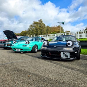 May include: Three cars parked on asphalt under a cloudy blue sky. The cars are a teal convertible, a black convertible, and a green car with its hood up. Each car has large, cartoonish googly eyes attached to the headlights.