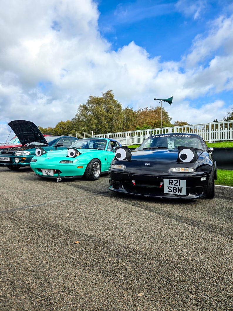 May include: Three cars parked on asphalt under a cloudy blue sky. The cars are a teal convertible, a black convertible, and a green car with its hood up. Each car has large, cartoonish googly eyes attached to the headlights.