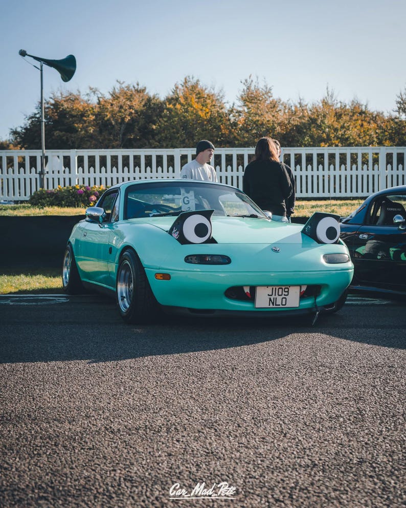 May include: A light teal convertible car with large cartoon eyes on the headlights and a license plate that reads "JI09 NLO". The car is parked on asphalt with a white picket fence and trees in the background.